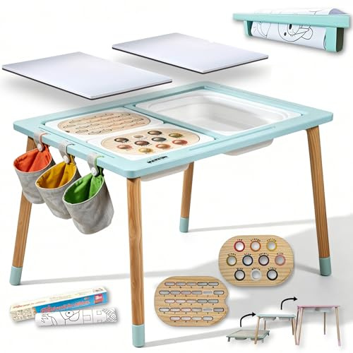 Sensory Table for Toddlers 1 Paper roll holder 3 Storage bins 3 Storage bags 8 Markers 2 Whiteboard 2 Chalkboard and 1 Graffiti scroll 1. Toddler Sensory bin table (Wooden Lids – Green)