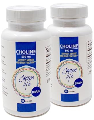 Carson Life Choline 500 mg Capsules (2 Pack) - Choline Dietary Supplement - Supports Cognitive, Liver & Nervous System Function - Unflavored