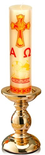 Cirios Pascual Catolico Paschal Candle with Holder Catholic First Communion Baptism Gift Virgen De Guadalupe Cross Prayer Candle Decoration for Catholic First Communion Church Supplies(Normal Style)
