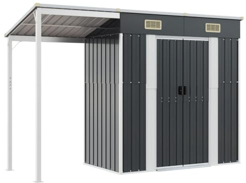 Gecheer Hållbart galvaniserat stål trädgårdsskjul med utökat tak för mångsidig förvaring och ventilationsmodell 364526