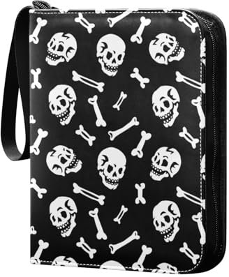 Funny Skulls Bones Sammelkartenalbum 4 Taschen Kartenordner 50 Seiten 400 Karten PU Reißverschluss Kartenbinder Aufbewahrungshalter für Sportspielkarte