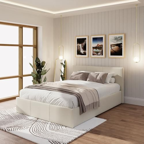 GFW Classic Leather Upholstered Ottoman Storage Bed, Gas End Lift & Under Bed Storage, Small Double, Fabric, Natural