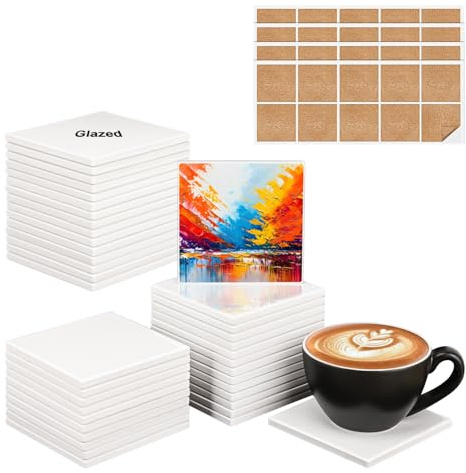 IHDYPPEW 40 Pack 4 x 4 Inch Square Sublimation Ceramic Tiles for Crafts, Sublimation Ceramic Coasters Tiles with Cork Backing Pad, Perfect for DIY Crafts and Sublimation Projects(Glazed)