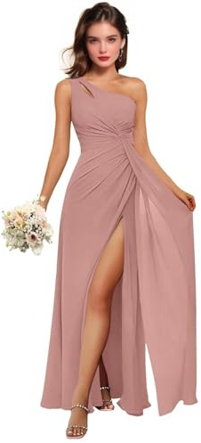 Robe de demoiselle d'honneur asymétrique en mousseline de soie plissée avec fente longue formelle pour invitée de mariage robe de soirée pour femme, vieux rose, 36
