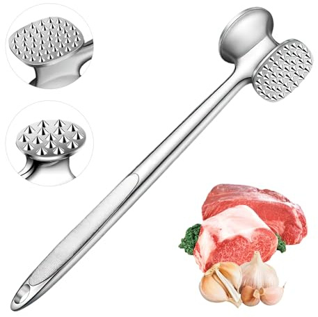 LAINIKE Fleischklopfer Edelstahl Fleischhammer Doppelseitig Fleischklopfer mit Rutschfestem Griff Antihaft Schnitzelklopfer 24.5 cm aus Edelstahl für Steak Schnitzel Koteletts Schwein Huhn