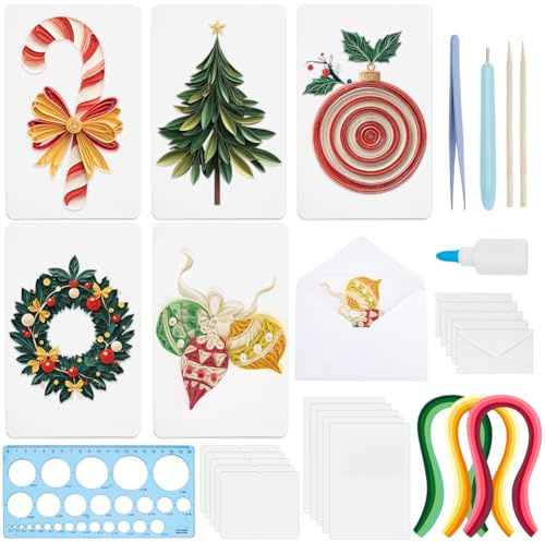 WEBEEDY 20 Sets Christmas Paper Quilling Kit Handmade Christmas Greeting Card with Envelopes 3D Christmas Trees Wreaths Ball Stars Card Making Kit with Instuction for Adult, Gift for Christmas
