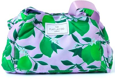 The Flat Lay Co. Makeup Bag - Limes Travel Make Up Organiser for Cosmetics, Eyeshadow, Make-Up Brushes, Lipstick & Tools - Drawstring Makeup Bag Storage with Brush Holder & Large Pockets