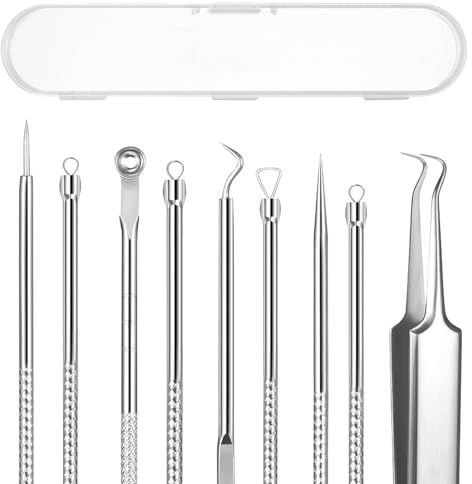 AskBed 5PCS Blackhead Remover Comedone Extractor Kit - Professional Stainless Steel Tools for Pimple, Acne, and Blemish Removal - Curved Tweezers Included