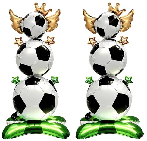 Lot de 2 ballons de football sur pied pour fête, grands ballons en aluminium sur le thème du football avec base verte et couronne d'étoiles pour décoration de fête d'anniversaire sur le thème du spor