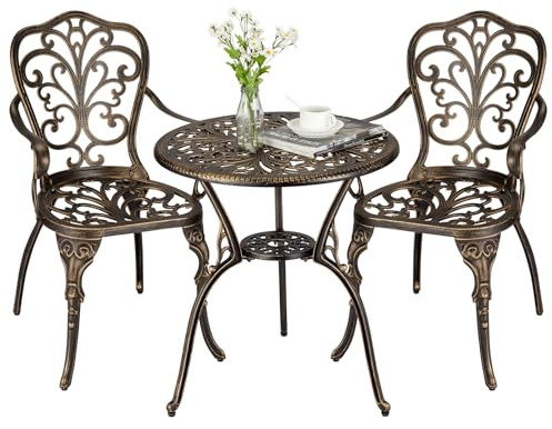 RBFGYIOP Set Bistro da 3 Pezzi in Alluminio Pressofuso - Tavolo con Portale Ombrellone - 2 Sedie Resistenti alle Intemperie - Ideale per Giardino, Terrazza, Balcone, Piscina - Colore Bronzo