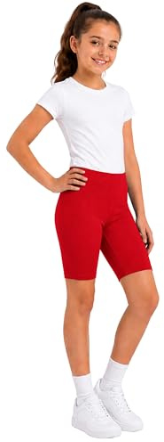 Just Juniors - Girls Cycling Shorts - Shiny Stretch for Dance Gymnastics PE School Sports, Elastic Waistband, Ages 5-12, Multiple Colors (Red 5-6)