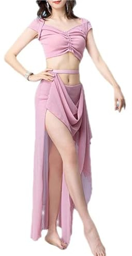 ERHTGUO Dam magdans topp delad kjol set vuxen elegant övningskläder kostym magdans scenprestanda danskläder outfit, Rosa, M