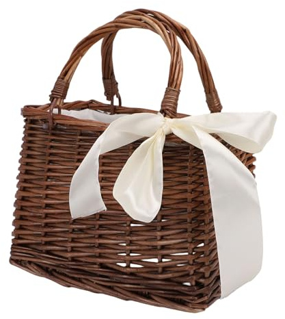 Naroote Vävd Handväska, Korgväska i Rattan med Robust Handtag, Förhöjer Heminredningen, Lätt Dekorativ Förvaringsbehållare för Blommor, Torrarrangemang, Små Föremål (med beige band)