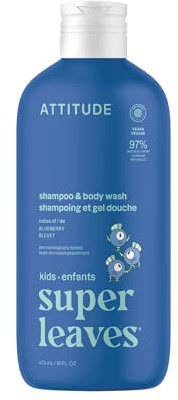 ATTITUDE Shampoo and Body Wash for Kids, EWG Verified Hair and Body Cleanser, Dermatologically Tested Soap, Plant and Mineral Based Bath Products, Vegan, Blueberry, 16 Fl Oz