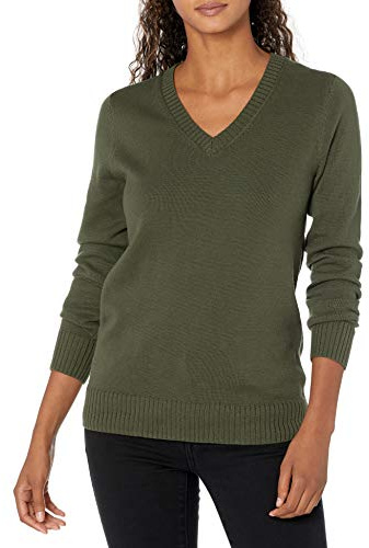 Amazon Essentials Women's Lightweight Long Sleeve V-Neck Cotton Jumper, Olive, XXL