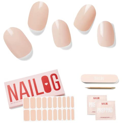 NAILOG Semi Cured Gel Nail Strips, 20 Pieces Extra Long Nail Polish Strips, Long Lasting Semi Cured Gel Nail Stickers with Soft Glossy Finish,Beige
