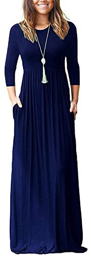 WNEEDU Maxikleid für Damen 3/4 Ärmel Kleid Damen Lang Herbst Winterkleid Lässige Langkleider Maxi Elegant mit Taschen