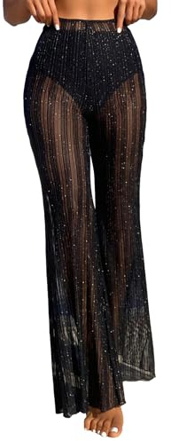 GORGLITTER Women's Glitter Sheer Mesh Flare Leg Pants High Waisted See Through Swimsuit Beachwear Coverup Pants Black L