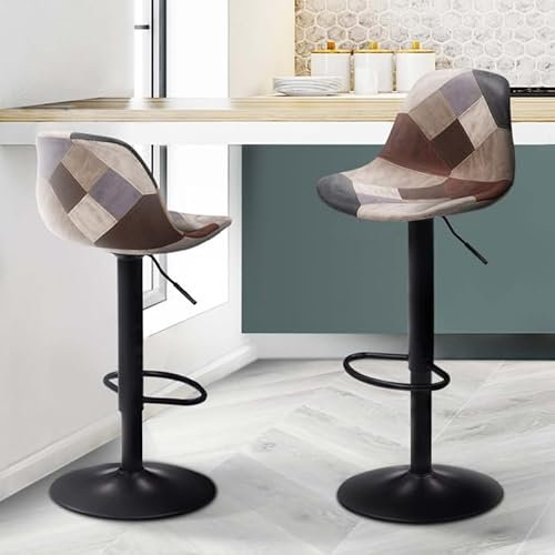 IDMarket - Juego de 2 taburetes de bar KARL patchwork en marrón, gris y beige con patas negras