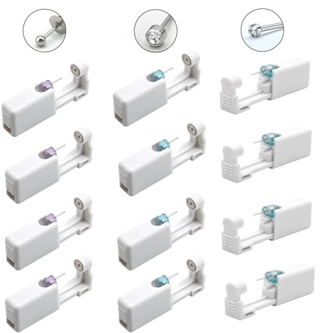 12 Piezas de Pistolas Desechables Set, Portátil y Seguras Pistola de Perforación con Aretes, Estéril y Indoloras Perforación de Orejas para Niñas, Niños, Mujeres, Hombres (Blanco)