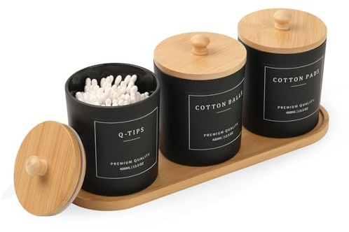 3 Pack Qtip Holder - Bathroom Organizers and Storage, Cotton Round Pad Dispenser Floss Pick Holder with Tray, Glass Apothecary Jars with Lids, Cotton Ball Container - Black