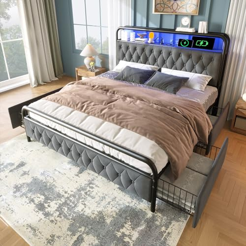 Merax Polsterbett Metallbett 160x200cm mit 4 Schubladen, LED-Beleuchtung, Ladefunktion, Lagerregal, Doppelbett Bettgestell, Stabil Metallrahmen, Stauraumbetten, Jugendbett, Samt, ohne Matratze, Grau