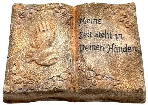 Bambelaa! Grabschmuck Deko Trauerartikel Betende Hände auf Buch Meine Zeit In Deinen Händen Ton Ca. 20 x 15 x 4 cm Wetterfest - Grabdeko Grabmale Grabstein Grabbuch Grabartikel Stein Mit Gravur