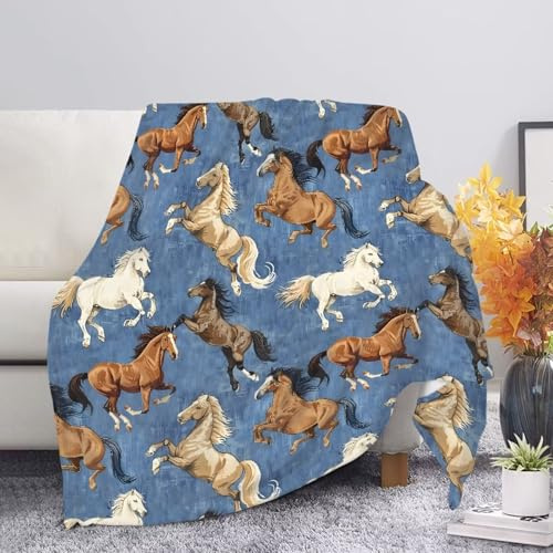 Allcute Horse Throw Blanket for Couch Sofa Throws Fluffy Soft Winter Fall Blanket Home Decor Living Room Small Blue Throw Blankets