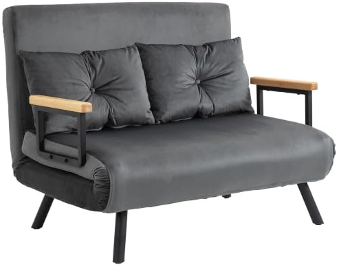 HOMCOM Canapé Convertible 2 Places 4 en 1 Tissu Effet Velours Gris Foncé | Canapé-Lit, Dossier Réglable 5 Niveaux, 2 Coussins, Siège Rembourré, Salon, Chambre d'Amis, Petit Espace
