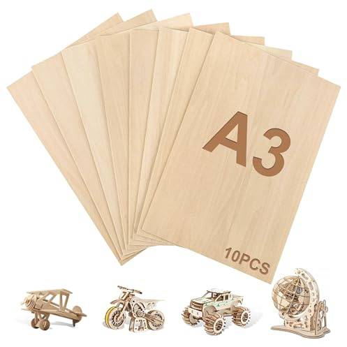 10 st A3 plywoodskivor, 2 mm lindträ, 30 x 42 cm, träplattor för pyssel, plywoodplattor för modelltillverkning, brandmålning, gör-det-själv träarbete (A3-420 x 300 x 2 mm)