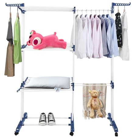 WODFARR - Secador de ropa, torre de secado, tendedero vertical de 4 niveles, tendedero plegable alas laterales, uso interior y exterior, 75-142,5 x 64 x 170 cm (azul y blanco)