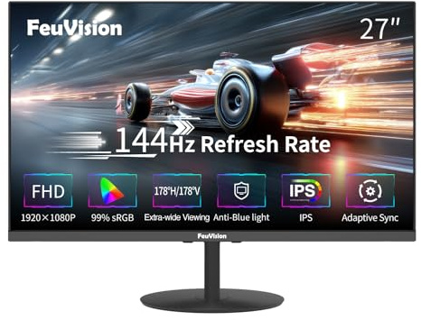 FeuVision 27inch Computer Monitor, FHD 1080p, 144Hz, IPS, Office and Gaming Monitor, 4ms Response Time, 3-Sided Frameless, Ultra Slim, VESA Mountable, Anti-Blue Light Design, HDMI, DP