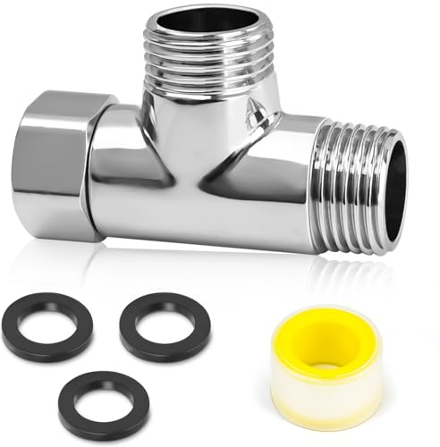 FLEXNOVA T Stück 1/2 Zoll (Ø 20mm), Messing 1/2 Zoll T Stück Wasseranschluss Verteiler mit 3 Unterlegscheiben und Gewindedichtband Duschschlauch Adapter für Trinkwasser Wasserhahn AGx AGx IG