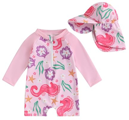 Toddler Baby Girl Swimsuit and Hat Zip Up Long Sleeve All in One Swimming Costume UV Sun Protection Swimwear One Piece Swimming Suit Rash Guard Sunsuit (Animal Scallop Seahorse Rose, 2-3 Years)