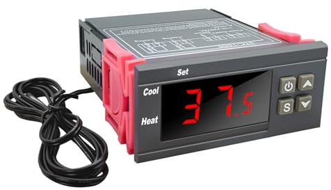 Digitaler Temperaturregler 110–220 V, Digitale Thermostat mit 1m Wasserdichter Sensor Sonde, Doppel Relais Temperaturwächter für Heizen Kühlen Aquarium Inkubator Terrarium