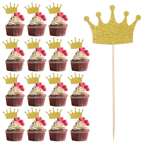 40 stycken kronor cupcake toppers med gyllene glitter, kronor cupcake-toppar, tårtdekoration, prinsesskronor för bröllop, födelsedag, babyfest, festdekoration