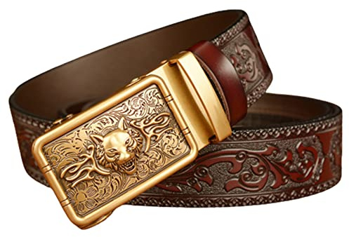 OBASDFD Ceinture À Cliquet En Cuir Gaufré Avec Boucle Coulissante Automatique Tête De Loup Dorée Imprimée 3D For Homme(Brown,120cm/waist:40~42)