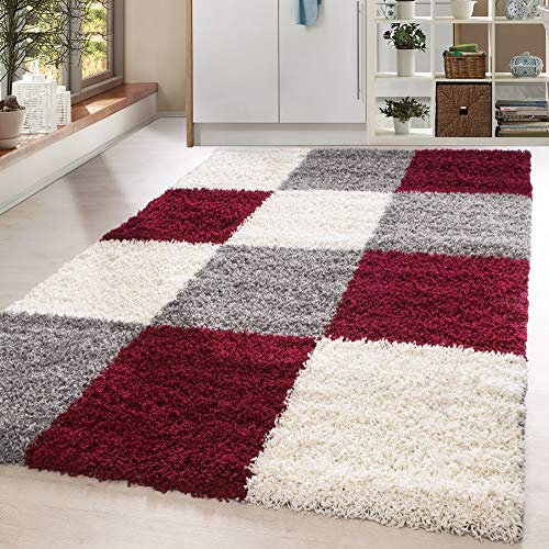 HomebyHome Shaggy Teppich Wohnzimmer 160 x 230 cm - Shaggy Teppich Hochflor Rot Extra Weich und Flauschig - Waschbarer Langflor Teppiche für Schlafzimmer, Küche, Flur - Carpet, Halı, Kilim
