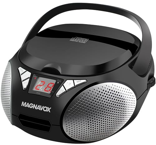 Magnavox Portable Top Loading CD Boombox with AM/FM Stereo Radio in Black | CD-R/CD-RW Compatible | LED Display | AUX Input | Programmable CD Player | 1.6 watts of Audio