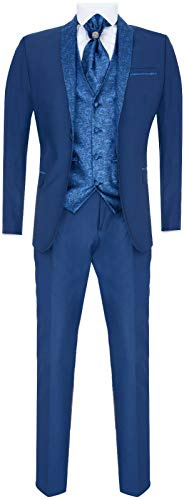 Tru Clothing Abito da Uomo Blu 4 Pezzi Sposo Collo Sciallato Cravatta su Misura 50
