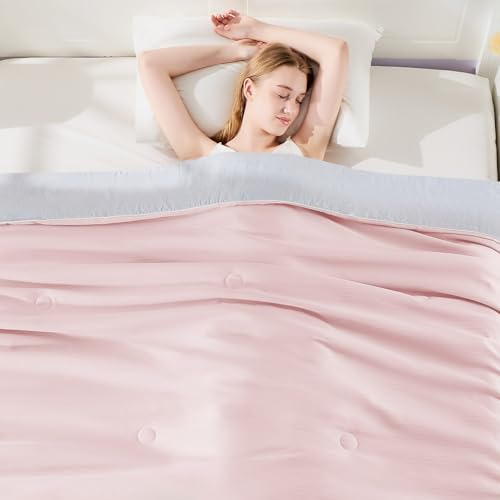 Qucover Kühlende Bettdecke, Sommerdecke aus Baumwolle und Mikrofaser, Dünne Kühlende Doppelbett,Sommerbettdecken ohne bezug nutzbar, Leichte&Weiche (Rosa &Grau, 150 * 200cm)