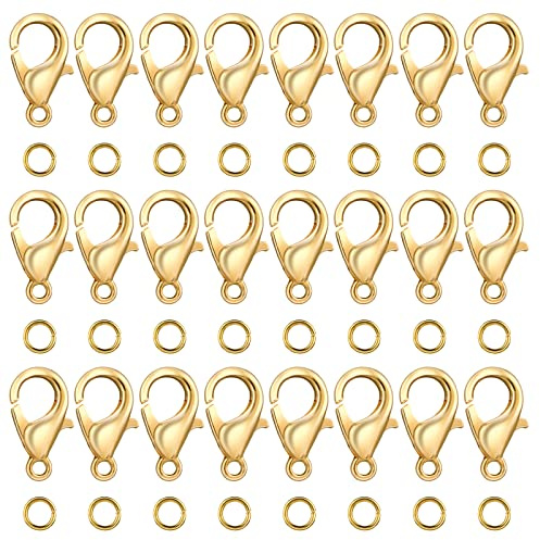 Grevosea 300PCS Lobster Claw Clasps with Open Jump Rings 12mm Metal Lobster Clasps for DIY Craft Bracelet Jewelry Making (Gold, Clasp: 12x7mm+Ring:5mm)