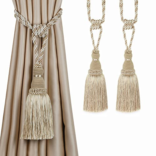 BEL AVENIR 2 Pack Curtain Tiebacks Tassel Drapery Tie-Backs Rope Handmade Holdbacks Home Office Hotel Decorative (Mix Beige, 2 Pack)