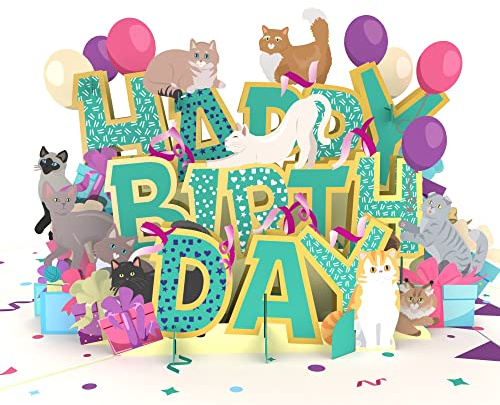 MOKIO® Tarjeta de Cumpleaños Pop-Up – Happy Birthday Gatos – Tarjeta de felicitación 3D para un cumpleaños, Gato Tarjeta de regalo emergente con sobre