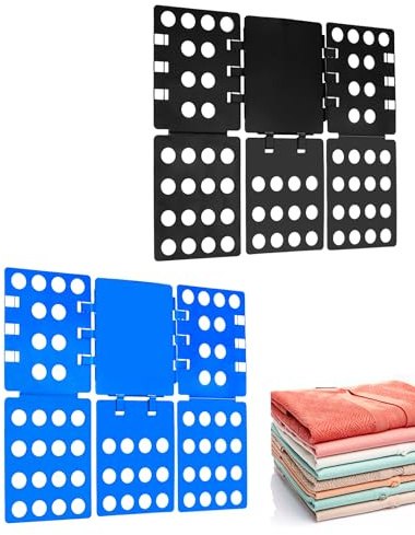 QWORK PP Composite Folding Board, 2 Pack Folding Clothes Board - Black + Blue, One-Hand Operation Laundry Folding Tool, Non-Slip Silicone Buckles, T Shirt Folder, Laundry Folders for All Garments