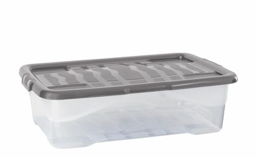 Strata 3 x 30 Litres Curve Plastic Stackable Storage Box & Lid with clip-on lids, 3 Pack, Multi storage box for home and office storage solution Clear Box, Grey Lid, (17cm H x 40cm W x 60cm D)