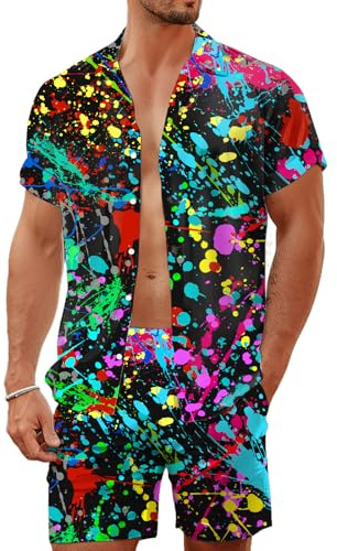 LESOCUSTOM 80s 90s Men's Hawaiian Outfits 2 Piece Shirt and Shorts Sets Button Down Beach Suits Disco Party