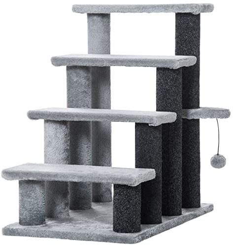 PawHut Escaleras para Gatos de 4 Escalones Escaleras para Mascotas Árbol Rascador para Gatos Pequeño con Poste Rascador Bola Colgante 60x40x64 cm Gris