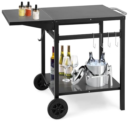 SPOTRAVEL Outdoor Grill Dining Cart, Movable Pizza Oven Serving Trolley with Foldable Side Table, Hooks & Wheels, Portable BBQ Cart Food Prep Table for Garden Backyard Patio