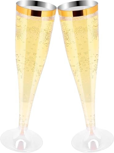 Cptoion 100er-Packung Champagnerflöten aus Kunststoff, 4,5 oz transparente Champagnerflöte, Champagnergläser aus Kunststoff mit Goldrand, Toastgläser aus Kunststoff für Hochzeitsfeiern (100 Stück)